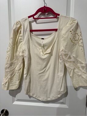 Free People Ivory Crochet & Embroidered Scoop Neck Top